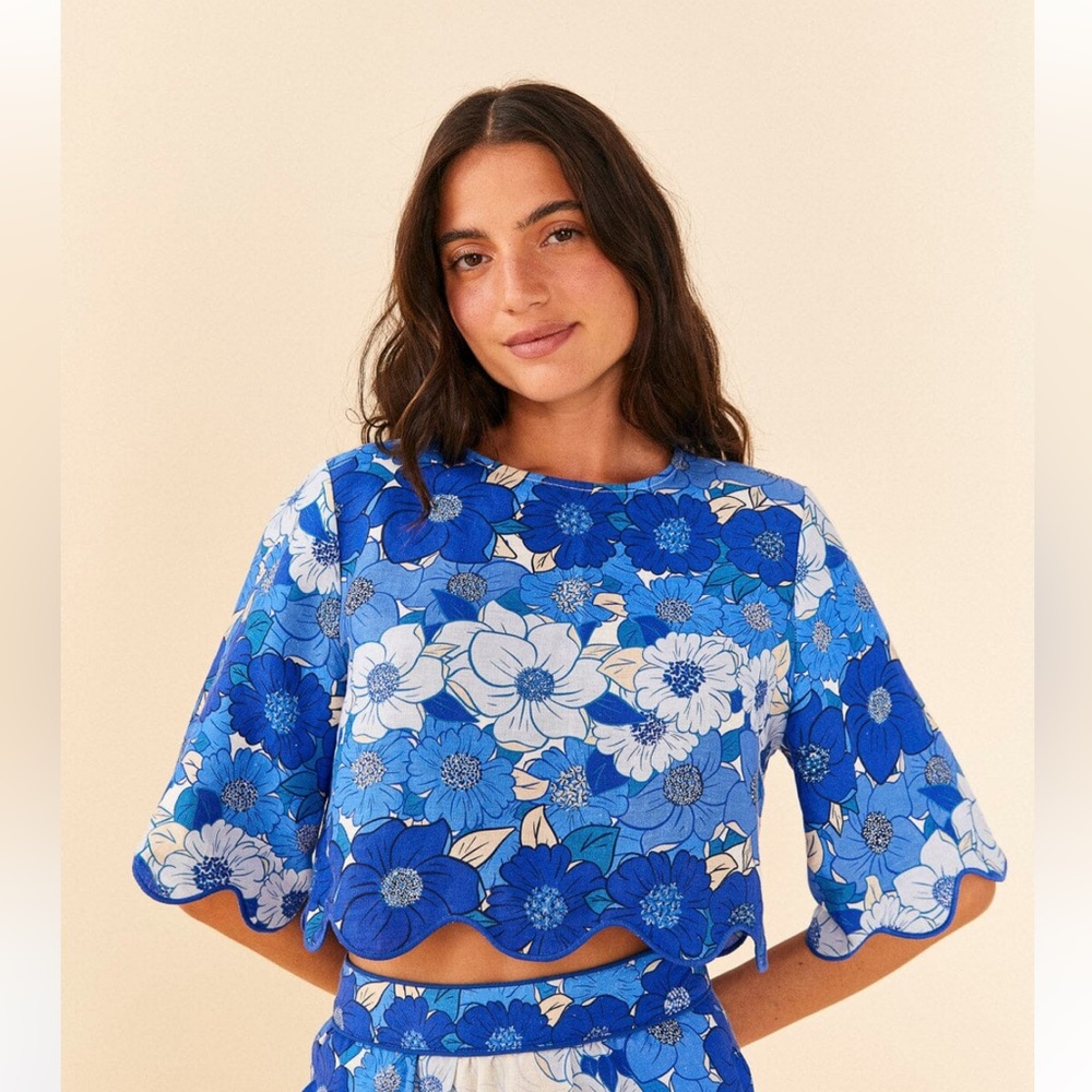 NWT Farm Rio Blue and White Flowers Striped Crop Top